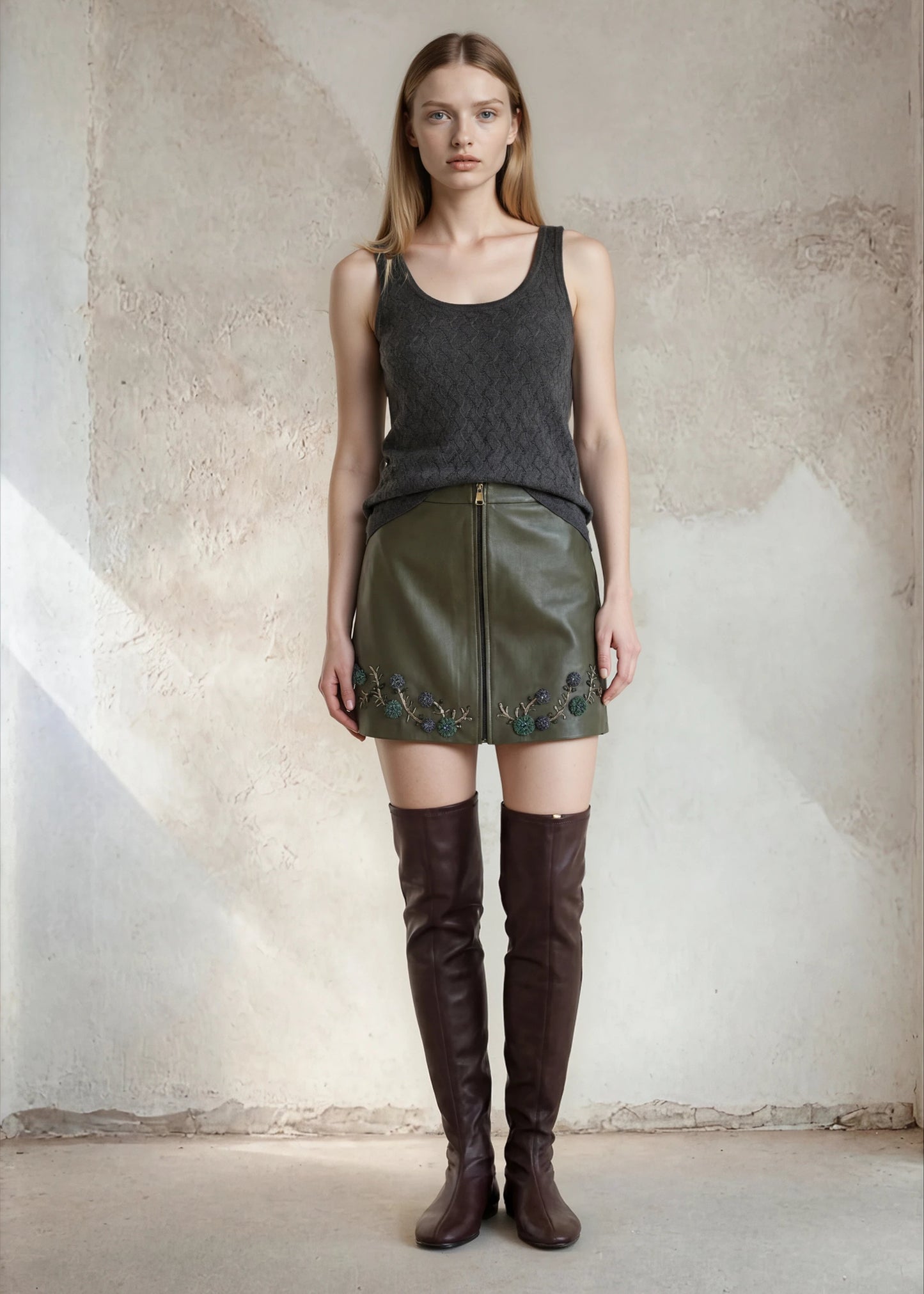 
                  
                    Madina hand embroidered leather skirt moss green
                  
                