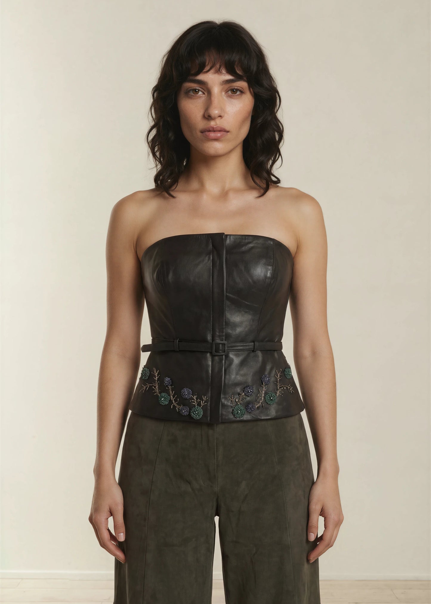 
                  
                    Charlotte belted embroidered leather corset
                  
                