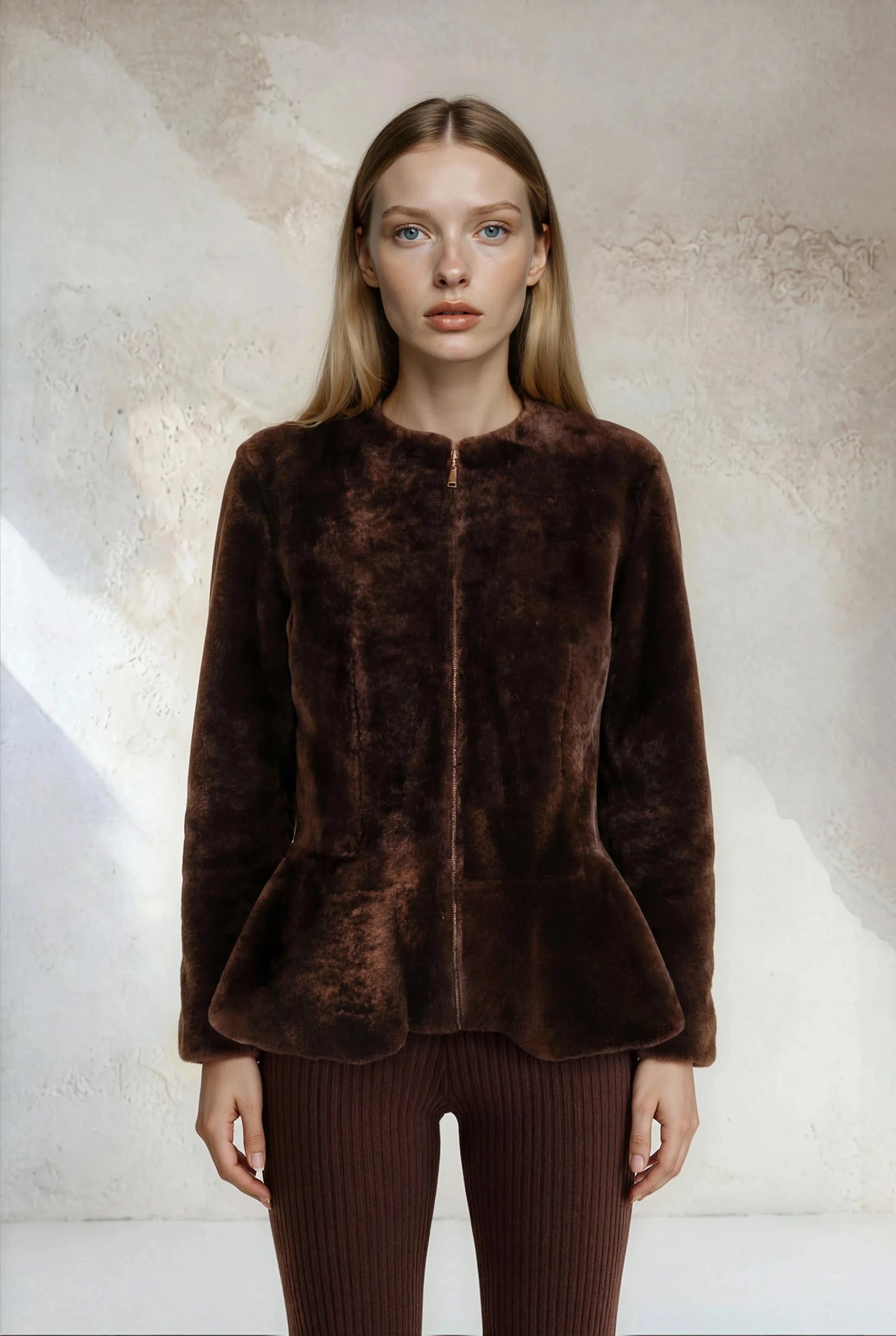 
                  
                    Dani Shearling Peplum Jacket Reversible Brown
                  
                
