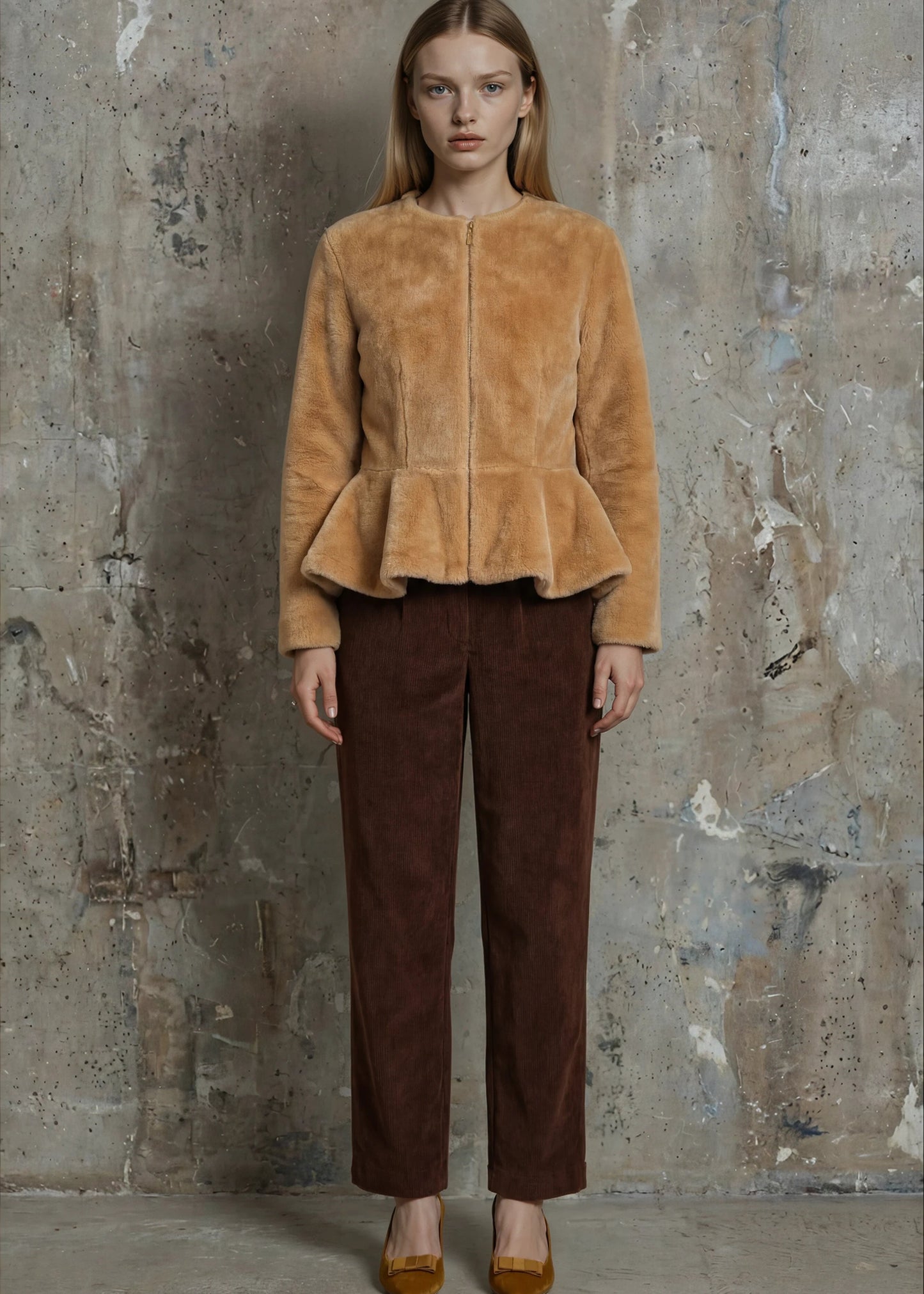 
                  
                    Dani Shearling Peplum Jacket Reversible Caramel
                  
                