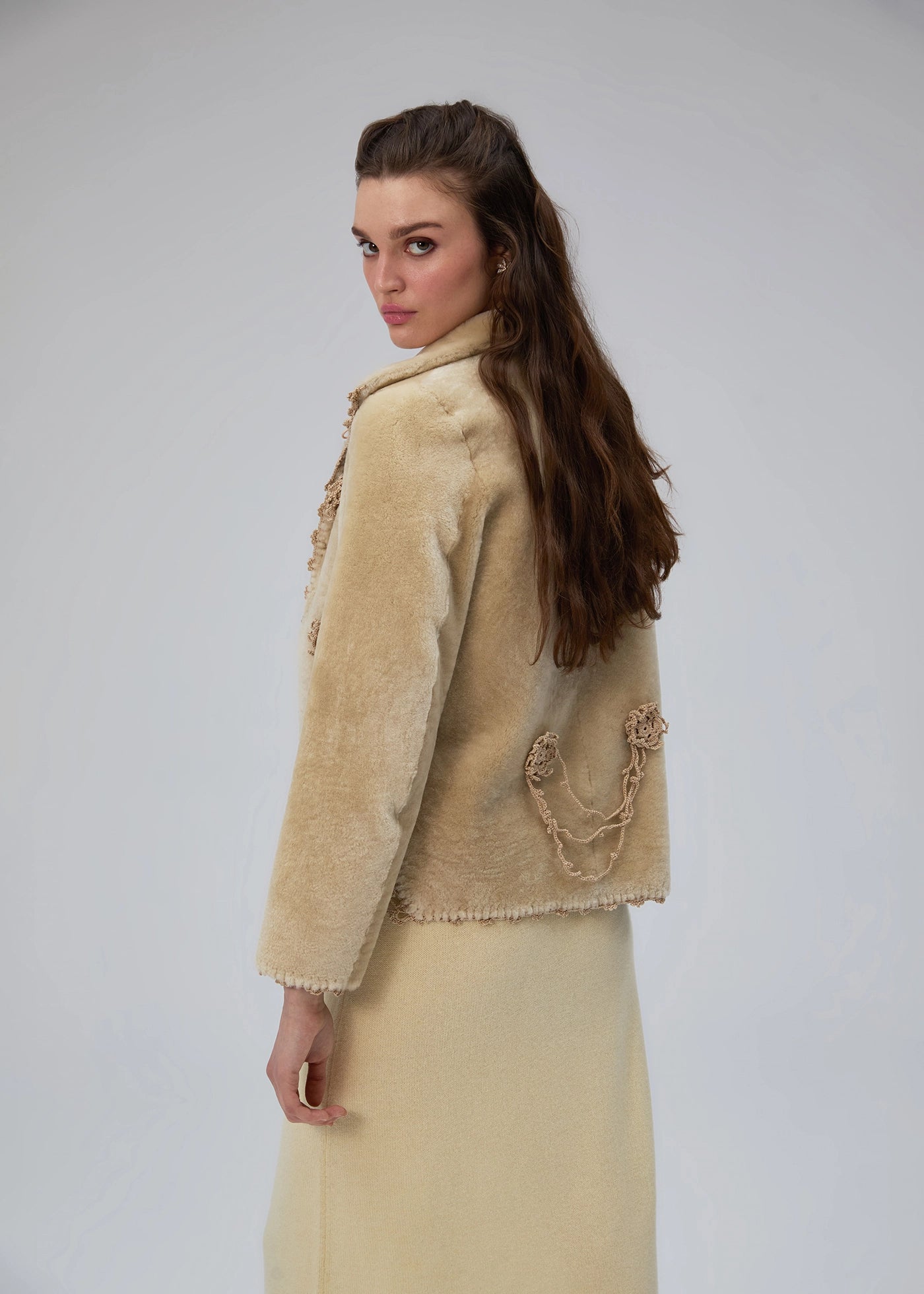 
                  
                    Oya hand crocheted shearling jacket magnolia
                  
                