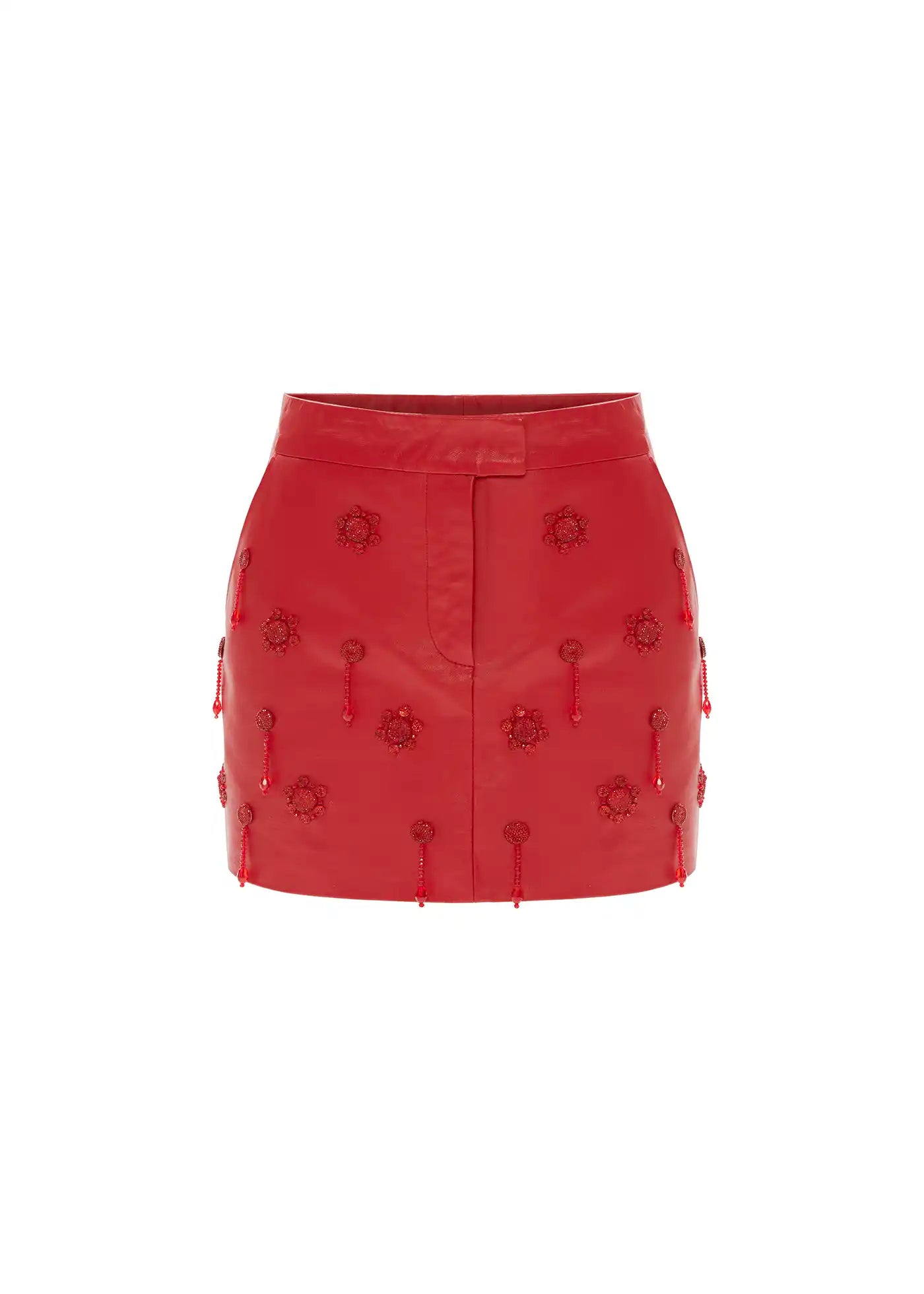 
                  
                    Olena leather hand embroidered mini skirt fiery red
                  
                