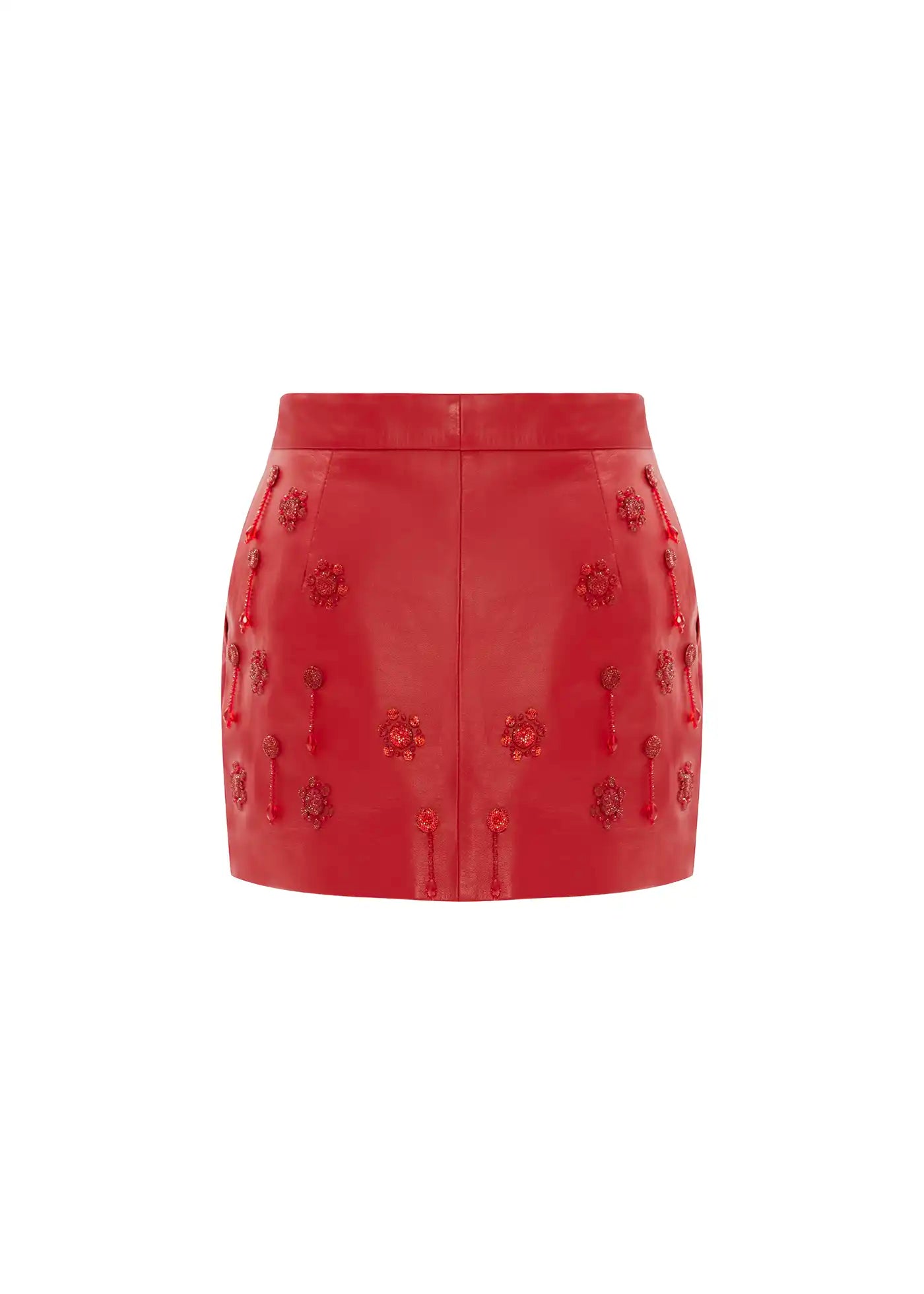 
                  
                    Olena leather hand embroidered mini skirt fiery red
                  
                