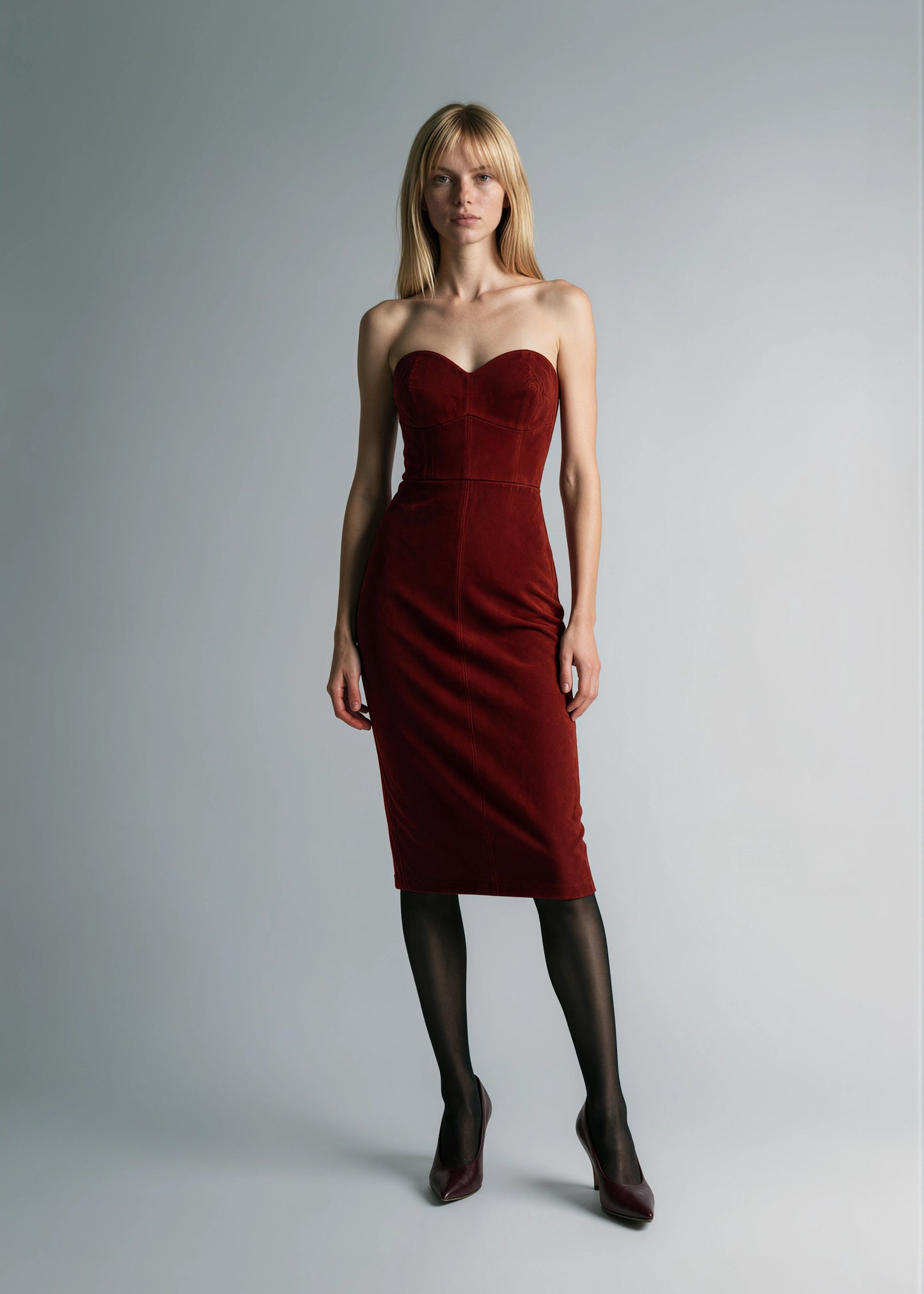 
                  
                    Daria stretch suede leather dress burgundy
                  
                