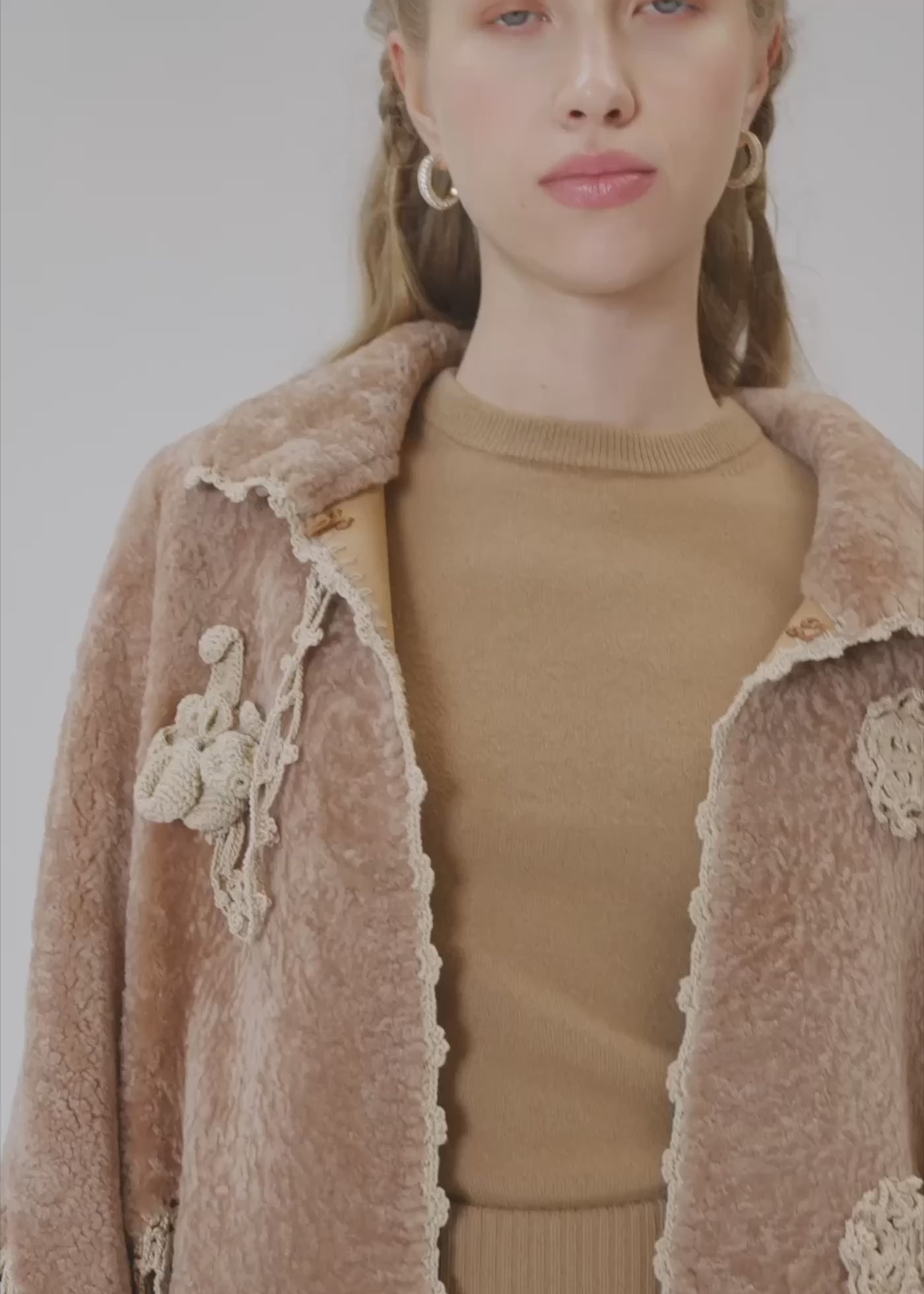 
                  
                    Load and play video in Gallery viewer, Oya hand crocheted shearling jacket
                  
                