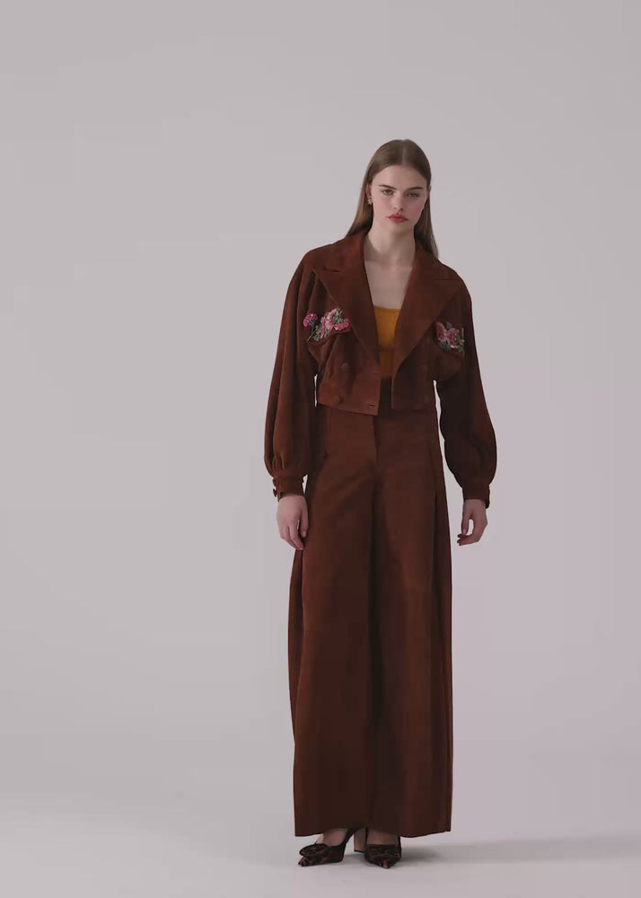 
                  
                    Load and play video in Gallery viewer, Tamara hand embroidered suede leather jacket
                  
                