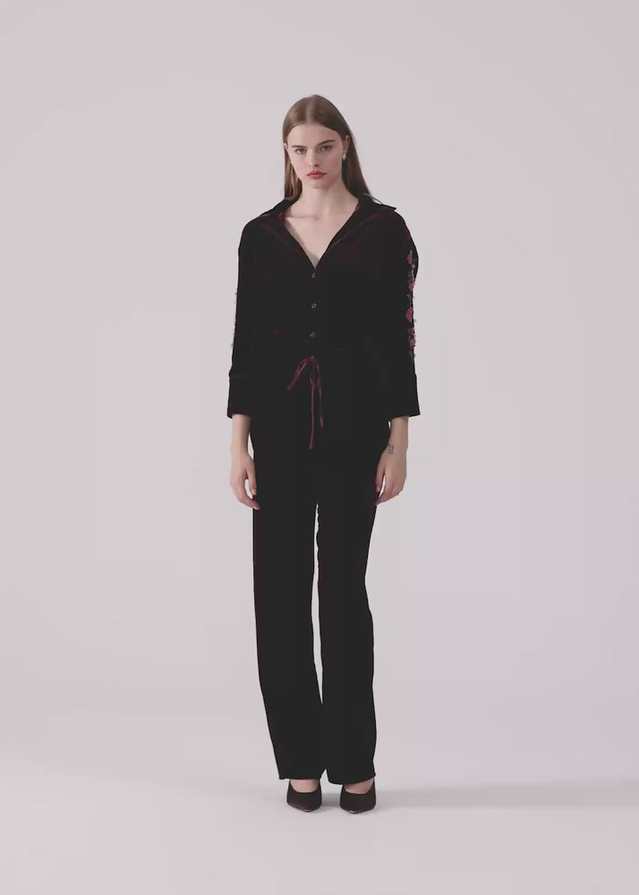 
                  
                    Load and play video in Gallery viewer, The E set hand embroidered velvet choco brown
                  
                
