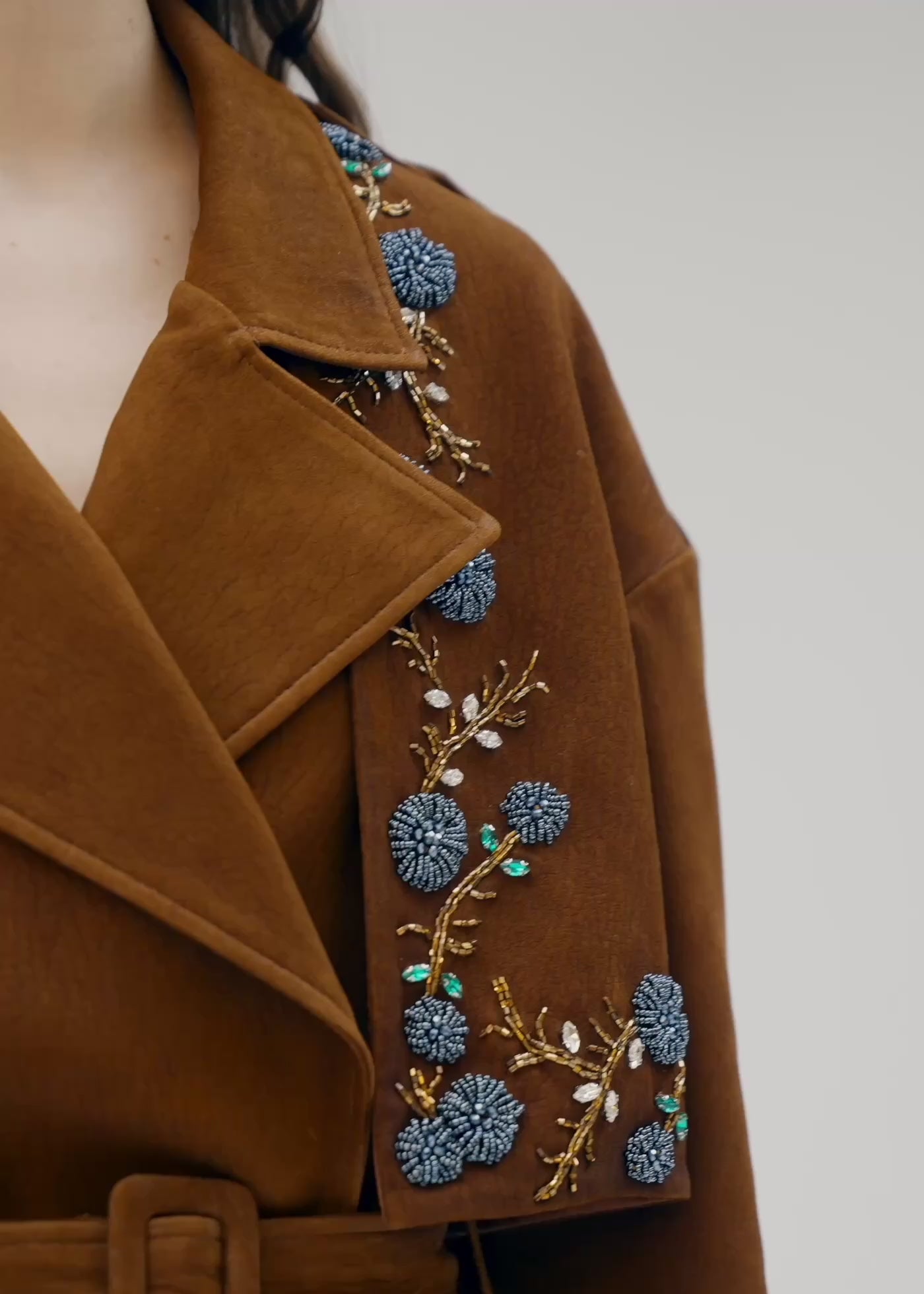 
                  
                    Load and play video in Gallery viewer, Kate hand embroidered nubuck leather trench
                  
                