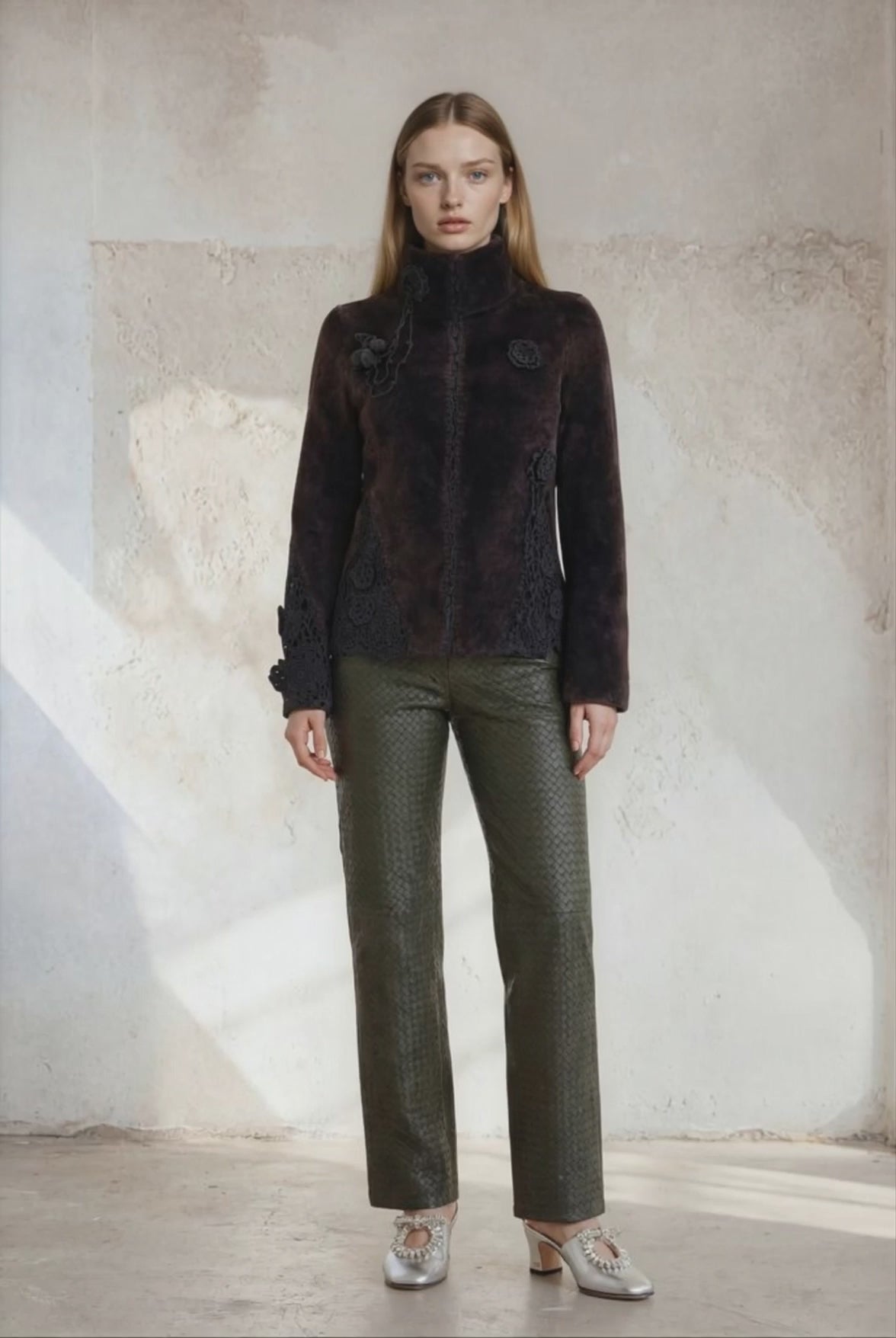 
                  
                    Load and play video in Gallery viewer, Oya hand crocheted shearling jacket dark brown
                  
                