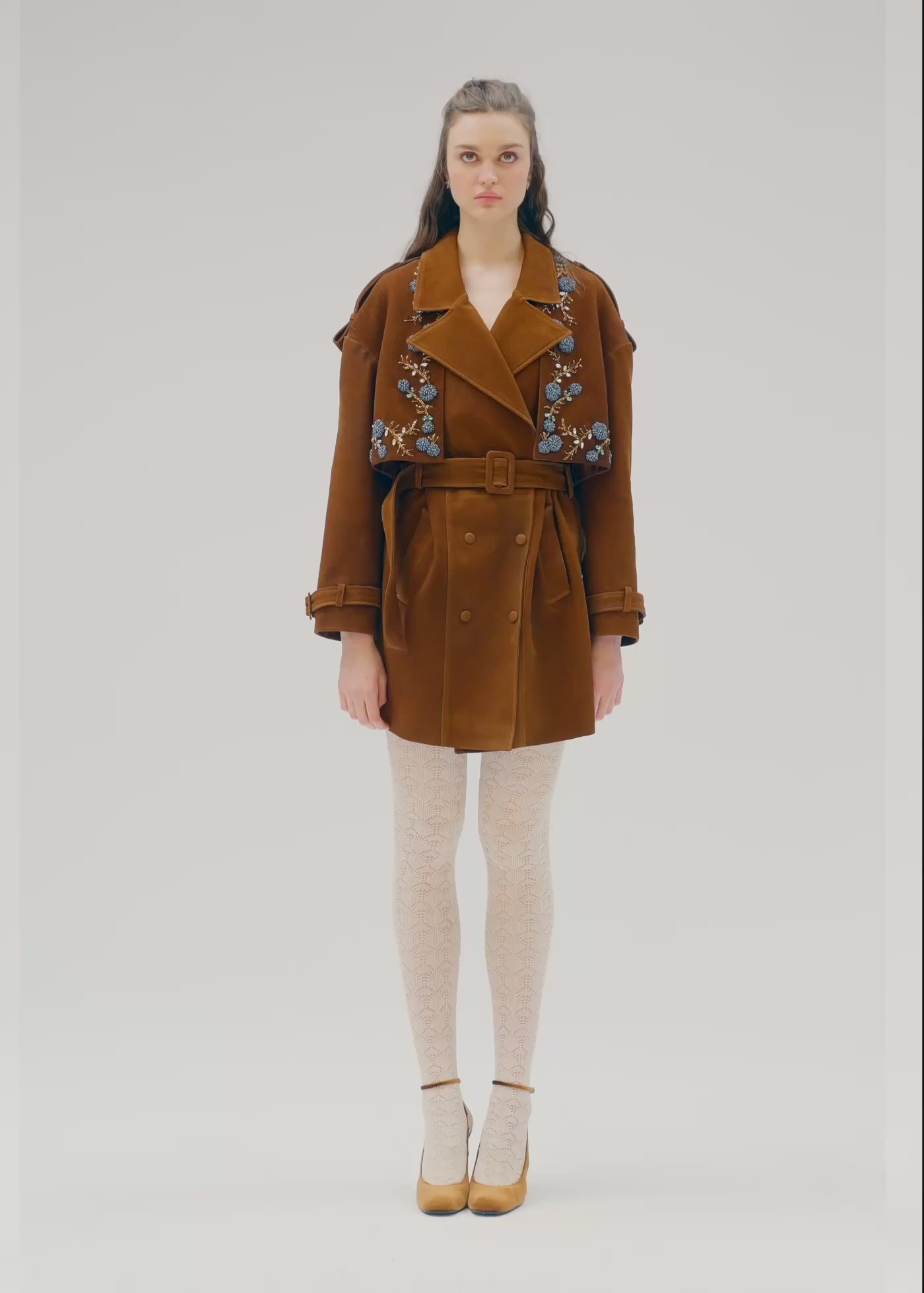 
                  
                    Load and play video in Gallery viewer, Kate hand embroidered nubuck leather trench
                  
                